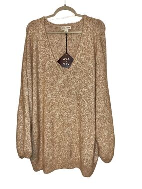 Ava & Viv Tan & Cream Heathered V-neck Oversized Sweater NWT Style Tan/8M7X5